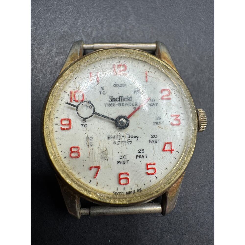 Vintage 1969 Sheffield Time Reader Buffy and Jody Swiss 1 Jewel Watch Gold Tone